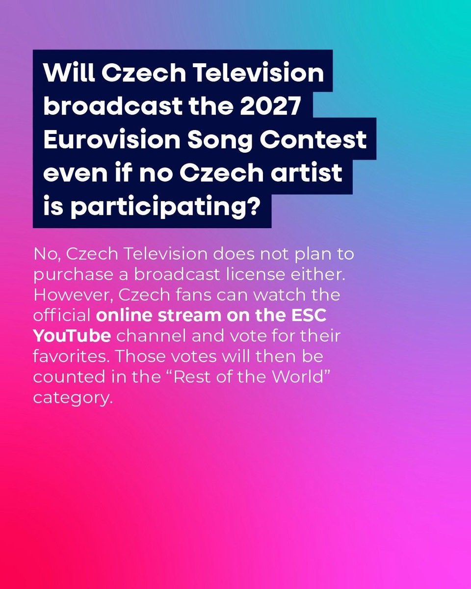 ESCdiscord's tweet photo. 🇨🇿 🔴 BREAKING: Czechia will not take part in #Eurovision 2027.

Česká televize says the decision was made "in view of the budget adjustments." The broadcaster confirmed the withdrawal applies to 2027 only, and that it will not air the contest this year. https://t.co/wUKMsFQqxP
