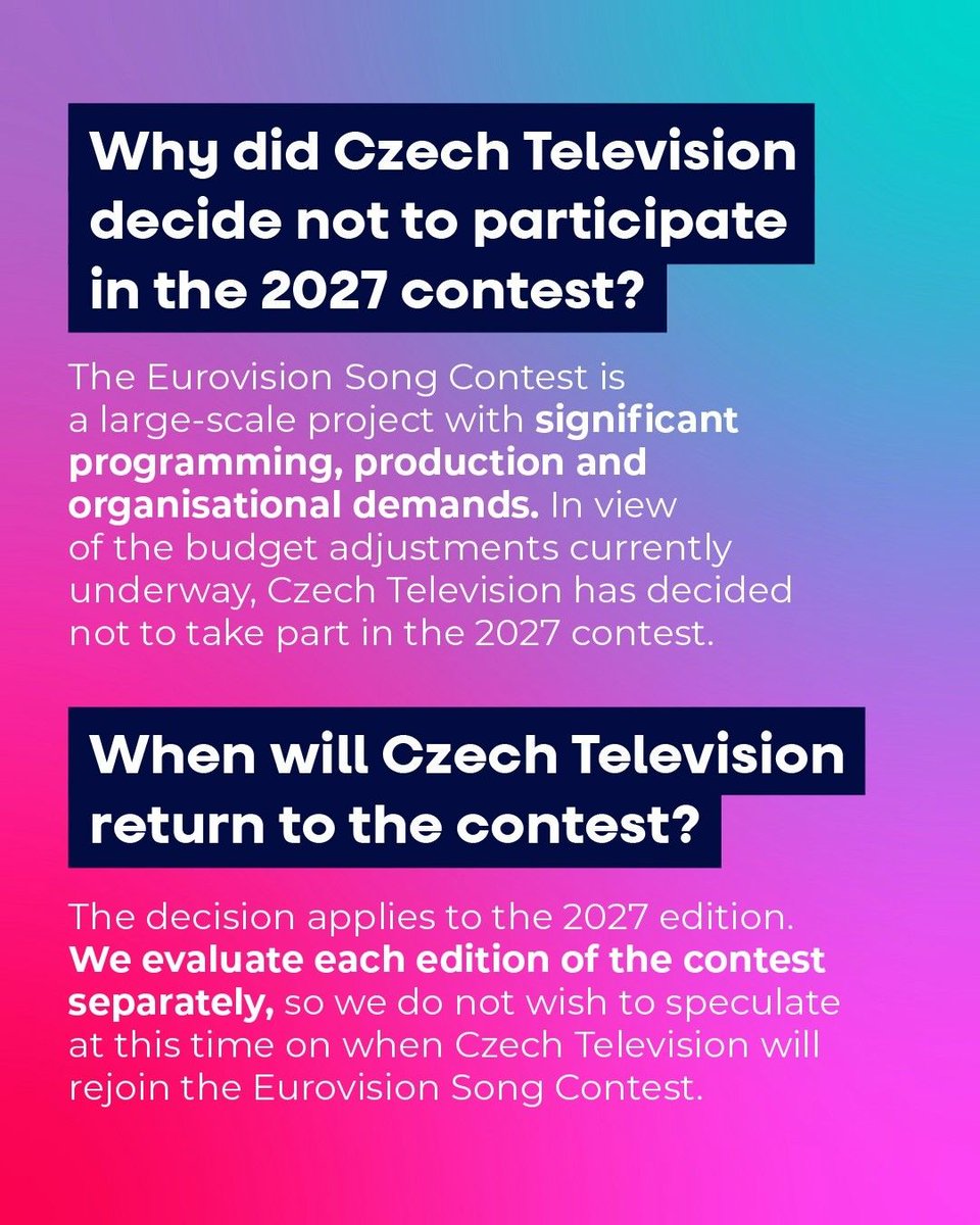 ESCdiscord's tweet photo. 🇨🇿 🔴 BREAKING: Czechia will not take part in #Eurovision 2027.

Česká televize says the decision was made "in view of the budget adjustments." The broadcaster confirmed the withdrawal applies to 2027 only, and that it will not air the contest this year. https://t.co/wUKMsFQqxP