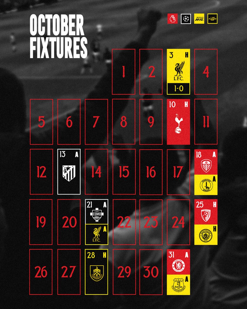 ManUtd's tweet photo. 1️⃣2️⃣ fixtures await for our senior men's and women's teams in October 👊