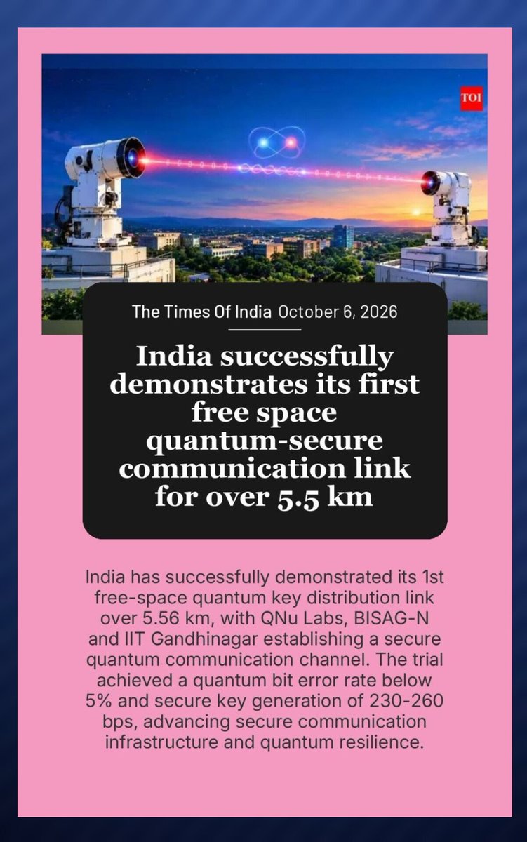 IndianDiplomacy's tweet photo. From innovation to quantum-secure connectivity! 

India has successfully demonstrated its first free-space quantum key distribution link over 5.56 km, marking a significant step towards secure, resilient and future-ready communication networks.

Read more:
🔗 https://t.co/BUuTvfPdwn
