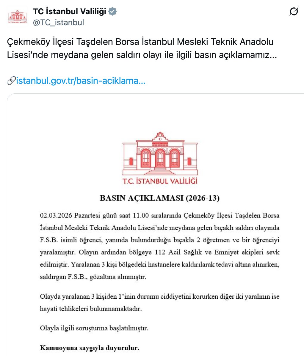 bulentmumay's tweet photo. Sevgili İstanbul Valiliği, 2 Mart’ta bir öğretmenin öldürüldüğü saldırıda okulun adını açıkça vermiştiniz. Bugünkü saldırı açıklamanızda neden “Şeyh Şamil İmam Hatip Ortaokulu” yerine “bir orta okul” diyorsunuz?
@TC_istanbul https://t.co/PQuKX33h91