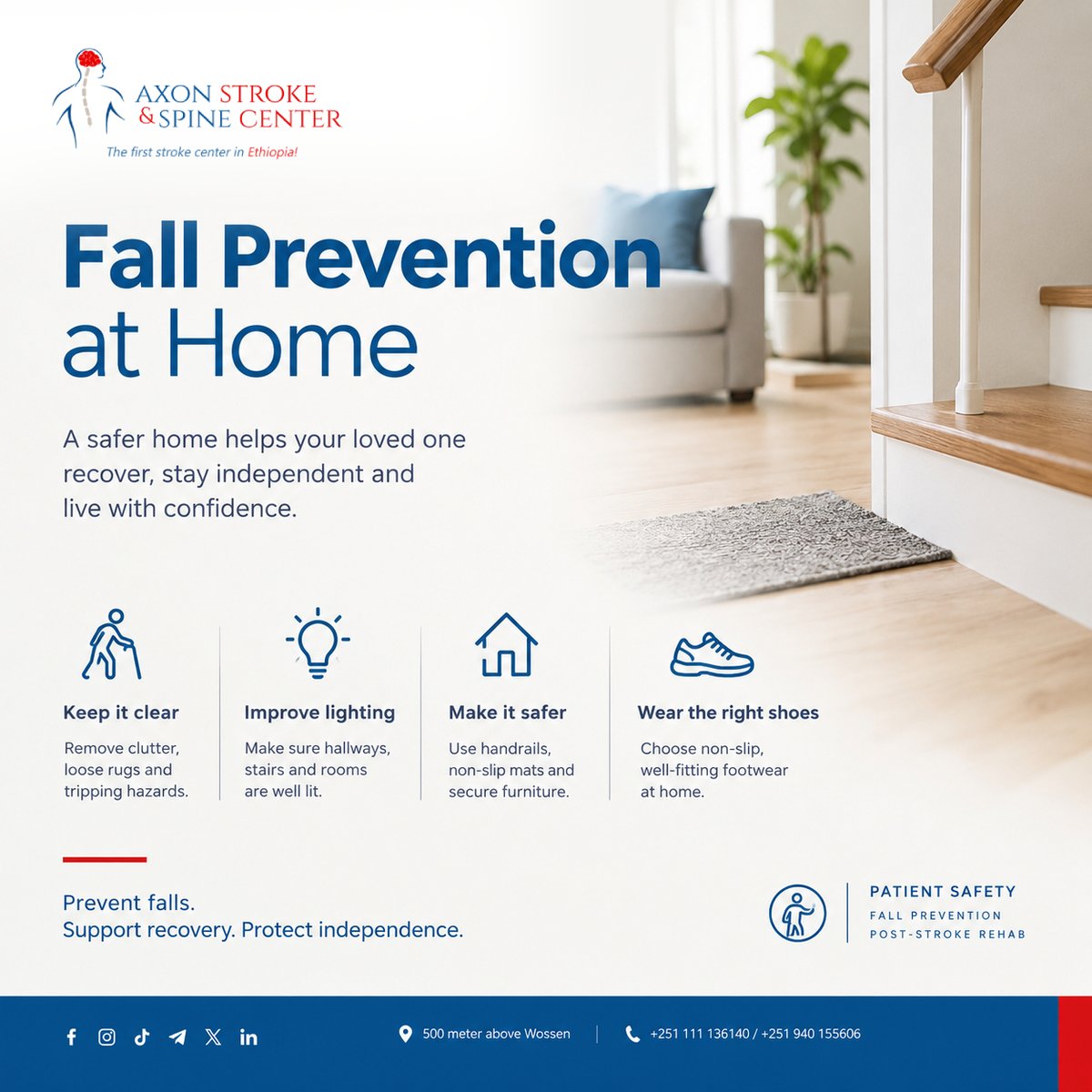 axon_stroke's tweet photo. A safer home can make a big difference in recovery. Keep walkways clear, improve lighting, secure loose rugs and furniture, and encourage safe footwear to help prevent falls, especially during post-stroke recovery.

#AxonStrokeAndSpine #PatientSafety #FallPrevention #StrokeRehab https://t.co/UrVHCKXJlQ