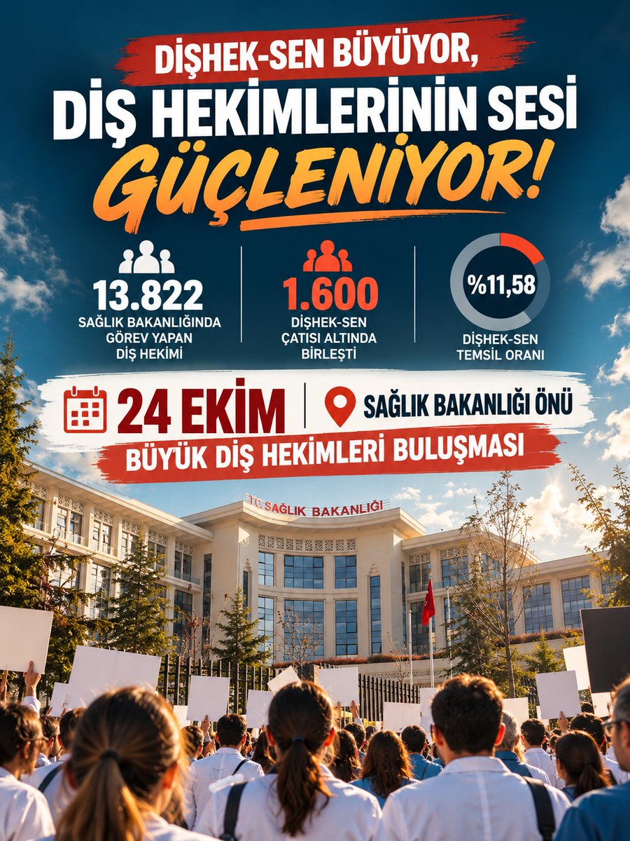 disheksen_org's tweet photo. 📢 DİŞHEK-SEN BÜYÜYOR, DİŞ HEKİMLERİNİN SESİ GÜÇLENİYOR!

Sağlık Bakanlığında görev yapan 13.822 diş hekiminin 1.600’ü DİŞHEK-SEN çatısı altında birleşti.

DİŞHEK-SEN temsil oranı %11,58’e ulaştı. Başka bir ifade ile, Sağlık Bakanlığında çalışan yaklaşık her 9 diş hekiminden biri DİŞHEK-SEN üyesi!

✨Bu sayı yalnızca bir oran değil; aynı mesleğin sorunları ve ortak talepleri etrafında giderek büyüyen örgütlü bir güçtür.

Şimdi bu gücü 24 Ekim’de Sağlık Bakanlığı önüne taşıyoruz.

📍 24 EKİM | SAĞLIK BAKANLIĞI ÖNÜ
BÜYÜK DİŞ HEKİMLERİ BULUŞMASI

Çalışma koşullarımızdan mali ve özlük haklarımıza, mesleki itibarımızdan geleceğimize kadar çözüm bekleyen sorunlarımızı birlikte ve güçlü bir katılımla dile getireceğiz.

Çünkü taleplerimizin karşılık bulmasında yalnızca haklı olmak değil, o talebin arkasında kaç kişinin durduğu da önemlidir.

📢 Bu nedenle 24 Ekim’e kadar her meslektaşımıza üç çağrımız var:

👉 DİŞHEK-SEN’e üye ol, 
👉 Bir meslektaşını  üye olmaya davet et,
👉 24 Ekim’de Sağlık Bakanlığı önünde yerini al.

1.600 üyeyle büyüyen bu sesi, 24 Ekim’de binlerce diş hekiminin ortak sesine dönüştürelim.

#BüyükBuluşmayaBirÜyeyleGel
#Dişheksen

✅ DİŞHEKSEN faaliyetlerini incelemek ve üye olmak için
🔗 https://t.co/uXTsEApaRM