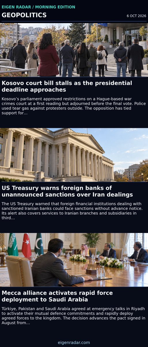 eigenradar's tweet photo. Eigen Radar Morning — Oct 6, 2026

• Kosovo court bill stalls as the presidential deadline approaches
• Argentina’s Merval rebounds 3.68 per cent as energy shares advance
• Utah lets Nolla’s AI issue initial acne prescriptions under staged oversight
• A brown dwarf feeds its star in an 87-minute orbit