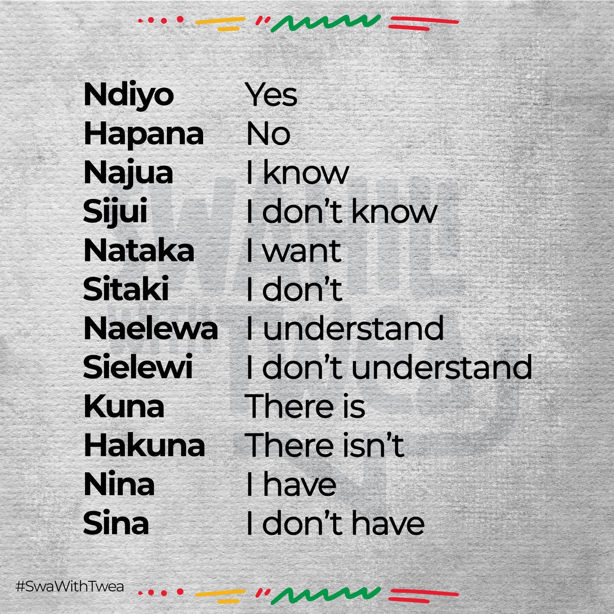 KiswahiliNaTwea's tweet photo. Hamjambo
Learn #Swahili Daily
#SwaWithTwea https://t.co/O4HEwJLpmT