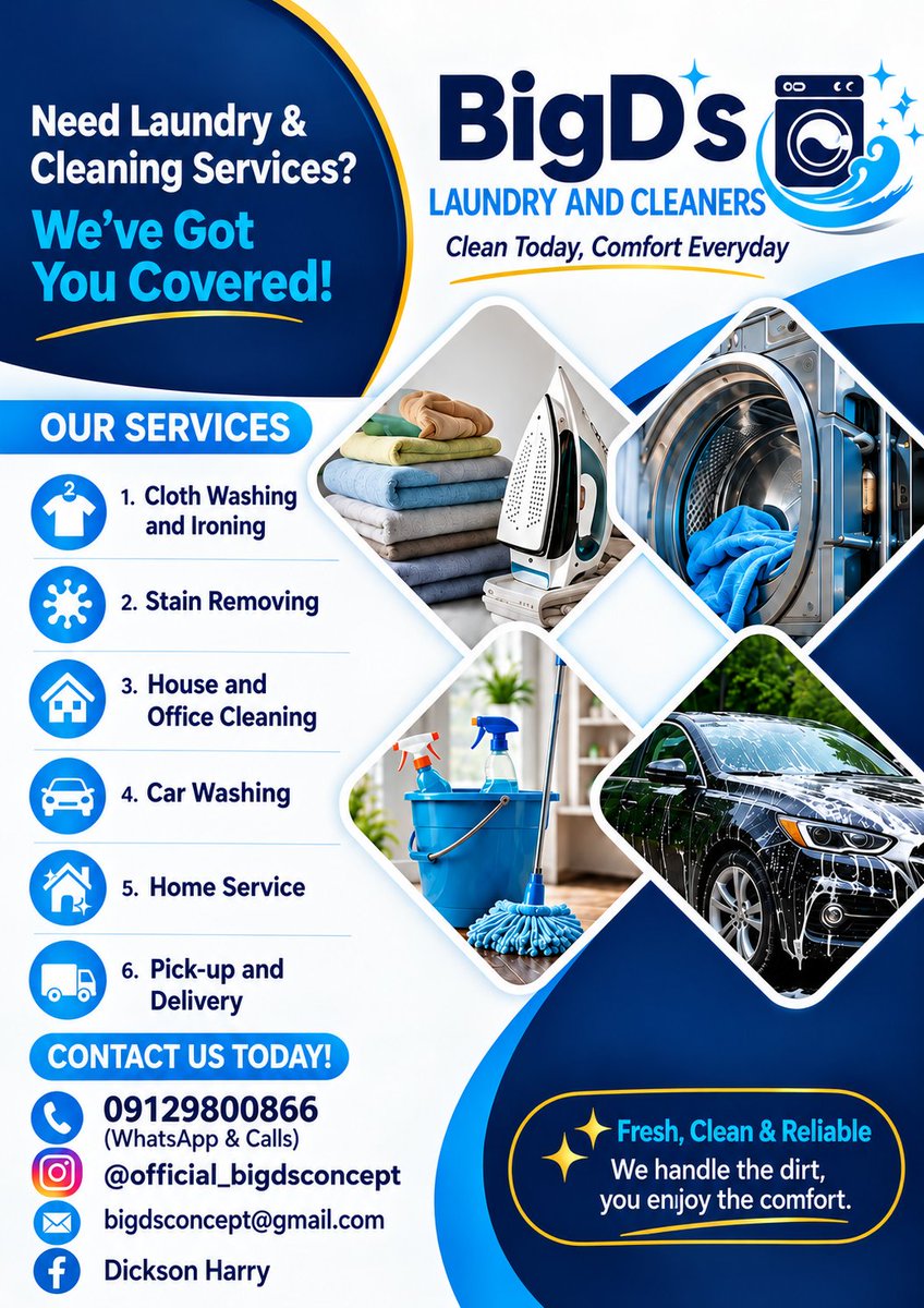 bigdsconcept's tweet photo. ✨ Clean clothes. Spotless spaces. Stress-free living! ✨
📞 Call/WhatsApp: 09129800866
📧 Email: bigdsconcept@gmail.com
📸 Instagram: @official_bigdsconcept
📘 Facebook: Dickson Harry

BigD’s Laundry and Cleaners — Clean Today, Comfort Everyday. 💙✨

#BigDsLaundry 

#BIG_DADDY https://t.co/63EhYU9nRi