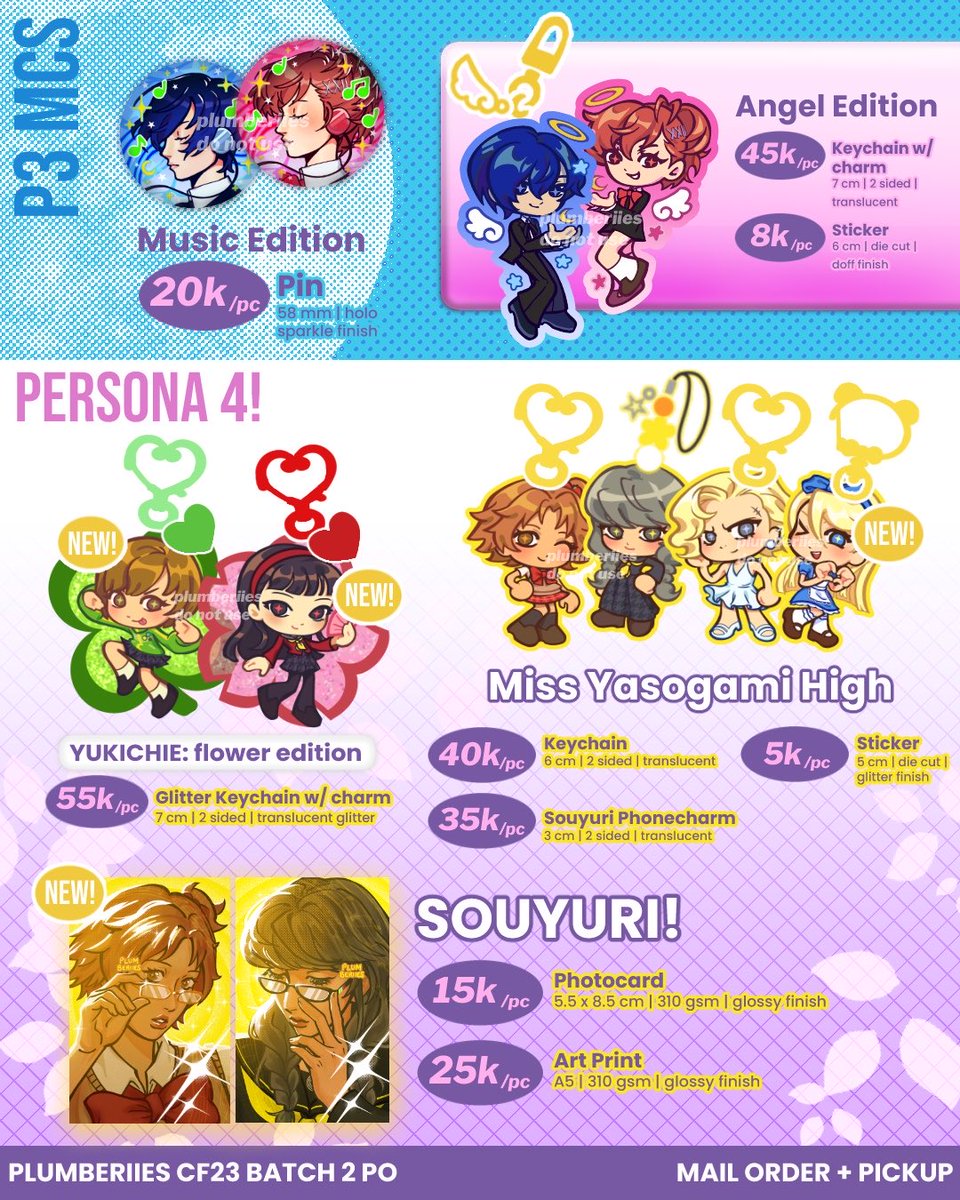 plumberiies's tweet photo. (❤️+🔁 appreciated!)

my batch 2 PO for #CF23 is here!! tysm for waiting… T-T

Pickup: 6 - 14 Oct
Mail Order: 6 - 24 Oct

📍: Sea Bau (O34-35)
🎶: Persona 3, 4, 5, JJBA, Sonic, TSHD, PinkPantheress, Vocaloid, Originals
🔗: in replies!

(1/2) https://t.co/o0r3GCQ0Bd