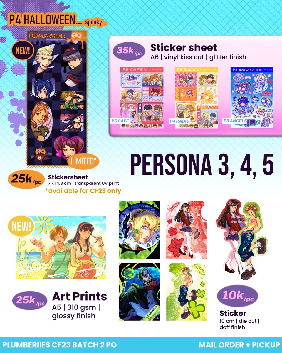 plumberiies's tweet photo. (❤️+🔁 appreciated!)

my batch 2 PO for #CF23 is here!! tysm for waiting… T-T

Pickup: 6 - 14 Oct
Mail Order: 6 - 24 Oct

📍: Sea Bau (O34-35)
🎶: Persona 3, 4, 5, JJBA, Sonic, TSHD, PinkPantheress, Vocaloid, Originals
🔗: in replies!

(1/2) https://t.co/o0r3GCQ0Bd