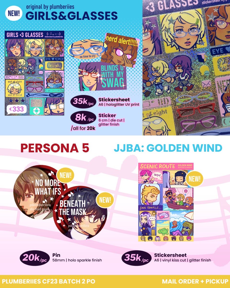 plumberiies's tweet photo. (❤️+🔁 appreciated!)

my batch 2 PO for #CF23 is here!! tysm for waiting… T-T

Pickup: 6 - 14 Oct
Mail Order: 6 - 24 Oct

📍: Sea Bau (O34-35)
🎶: Persona 3, 4, 5, JJBA, Sonic, TSHD, PinkPantheress, Vocaloid, Originals
🔗: in replies!

(1/2) https://t.co/o0r3GCQ0Bd