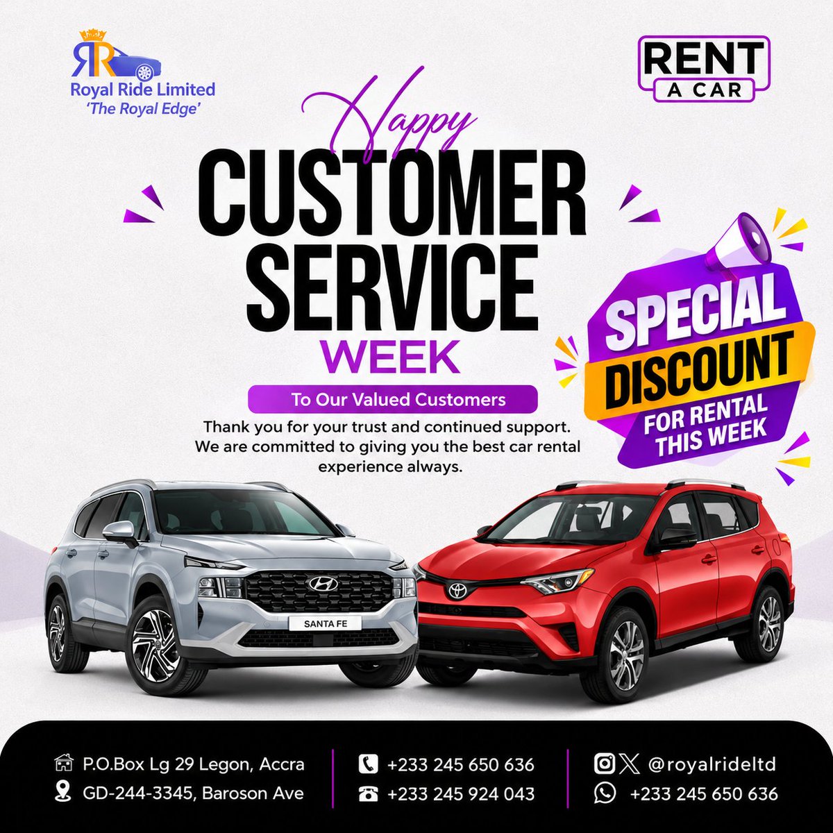 royalrideltd's tweet photo. Happy Customer Service Week! 🎉 
We appreciate your business and are celebrating with a SPECIAL DISCOUNT on ALL rentals this week! 🚗💨 Experience "The Royal Edge".
Book now before the offer ends! #CustomerServiceWeek 
#Ghana
​📍 Legon, Accra | 📞 +233 245 650 636 | DM us! https://t.co/UDo0SRtukA