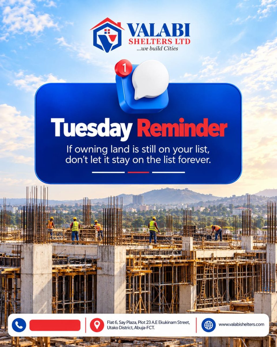 Valabishelters's tweet photo. If owning land is still on your list, don’t keep postponing it. The right time to secure your future is now.
Invest in land today and take one step closer to building the future you envision
Own Land. Build Your Future.
Valabi Shelters Ltd — We Build Cities.
#TuesdayReminder https://t.co/KcjHMIu5R8