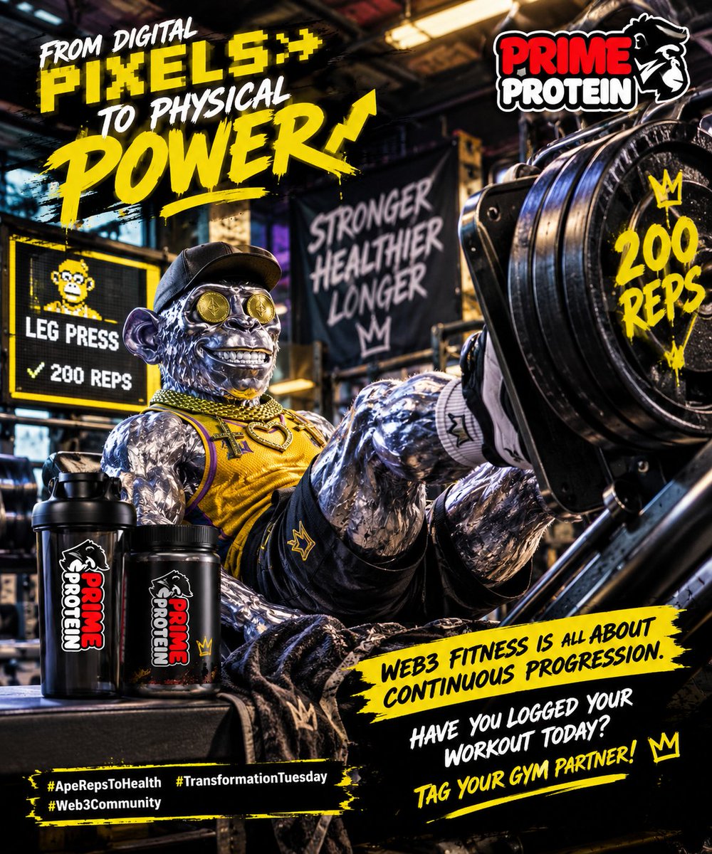 PrimeApePlanet's tweet photo. From digital pixels to physical power 📈🦍
Prime Ape #670 just logged 200 reps on the Leg Press. Web3 fitness is all about continuous progression.
Have you logged your workout today? Tag your gym partner!
#ApeRepsToHealth #TransformationTuesday #Web3Community   https://t.co/bcGLEryH45