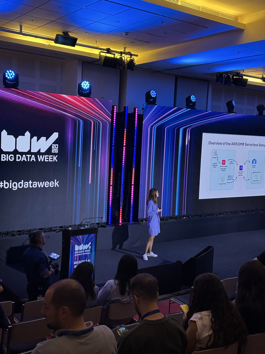 bigdataweek's tweet photo. 🔵 100 million payment events a day, aggregated down to about 200,000 records. Ioana Teoc from @Worldpay_UK is sharing how her team runs that on AWS EMR Serverless. No Spark clusters to manage, and most of the code came from on-premises. #bigdataweek #bdw2026 #bdwbucharest https://t.co/UeTvGYQKHq