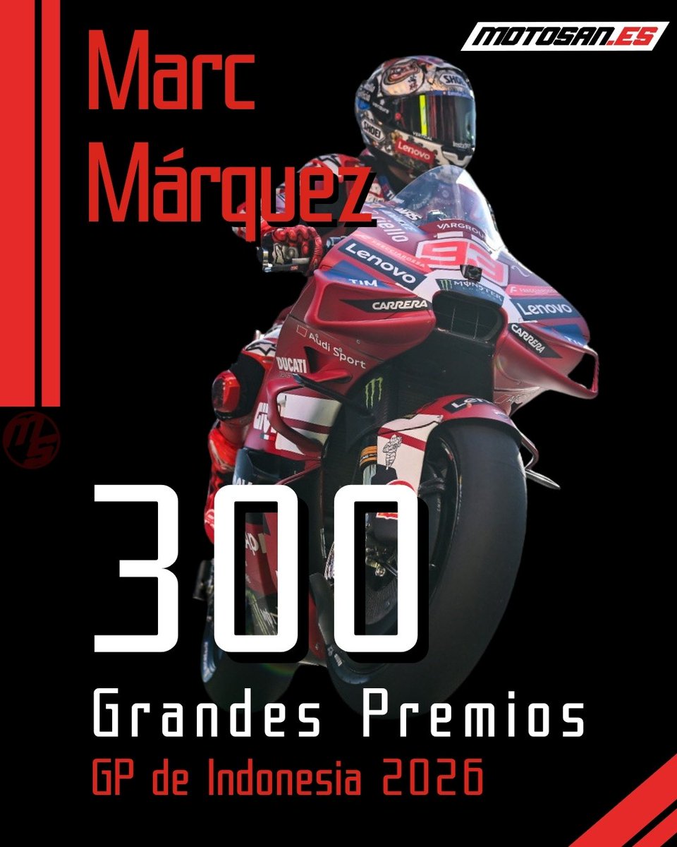 Motosan_es's tweet photo. 🔴 Marc Márquez cumplirá este fin de semana nada más y nada menos que 300 Grandes Premios

🏁 El Gran Premio de Indonesia suma este número redondo a las estadísticas del piloto de Cervera

#MotoGP #IndonesiaGP #MarcMárquez https://t.co/mxZdeqXLEO
