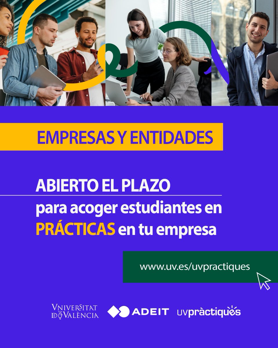 ADEITUV's tweet photo. 🎓 Aprendre també és eixir de l’aula.

Les pràctiques permeten a l’estudiantat posar en pràctica allò que ha aprés i🤝empreses i entitats també formen part d’aquest procés.

Si vols acollir estudiantat de la @UV_EG , consulta ací:

🔗 https://t.co/RPidd6qRiC https://t.co/JPVn67m0VU