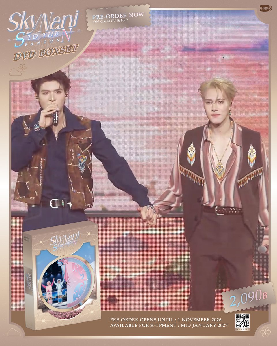 A promotional poster for the "Sky Nani S To The N Fancon DVD Boxset" priced at 2,090 ฿, featuring two male performers on stage with a pre-order deadline of November 1, 2026 and shipping in mid-January 2027, available through the GMM TV Shop as referenced in the accompanying post.