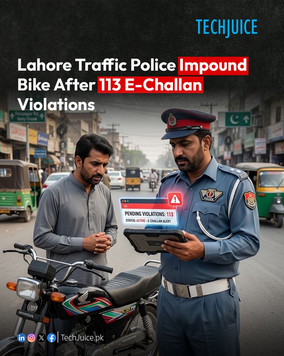 TechJuicePk's tweet photo. Lahore Traffic Police Impound Bike After 113 E-Challan Violations.
The motorcycle was stopped on Walton Road and fined Rs. 190,000 after authorities found repeated helmet and traffic signal violations.
#TechJuice #EChallan #Lahore #TrafficPolice #TechNews https://t.co/j3bQL7ZUfL