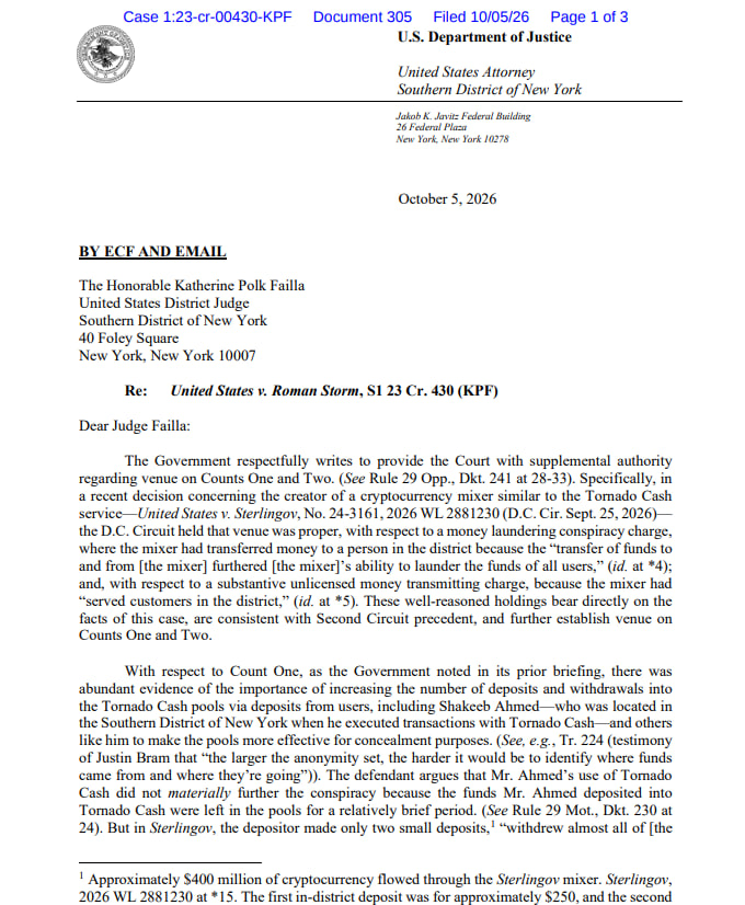 Cointelegraph's tweet photo. 🚨 UPDATE: Roman Storm says DOJ is still pursuing his Tornado Cash case after a new SDNY filing, even as FinCEN drops its proposed mixer rule. https://t.co/GUrgBNh143