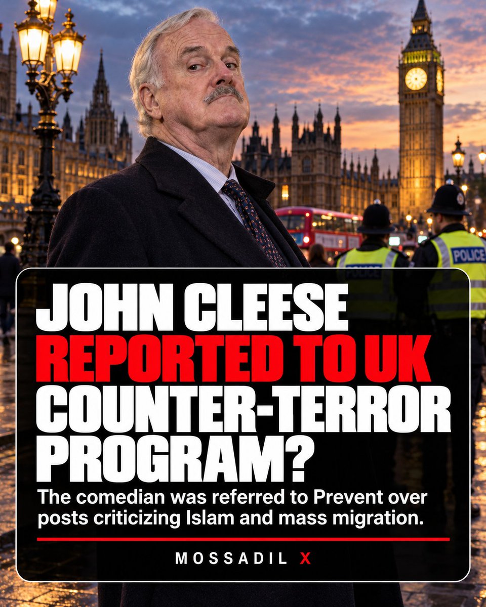 MOSSADil's tweet photo. JOHN CLEESE REPORTED TO UK COUNTER-TERROR PROGRAM OVER CRITICISM OF ISLAM

Monty Python co-founder John Cleese has been referred to Britain’s Prevent counter-extremism program over social media posts criticizing Islam and mass migration.

Cleese’s response: “I can’t wait to be arrested.”

He says criticism of Islam is not racism — and is treating the complaint as proof that Britain is increasingly policing speech about religion.