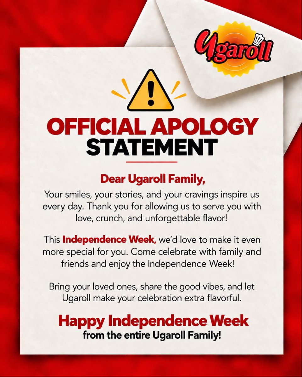 ugarollentebbe1's tweet photo. We’re sorry… but we’d rather make it up to you with good food! ❤️🇺🇬

This Independence Week, bring your loved ones and let UgaRoll make your celebration extra flavourful. 🔥

Make your order today! 🌯❤️

0708 462 533 / 0761 410 596

#UgaRoll #Independence #Uganda #trending https://t.co/myWAZJhOgk