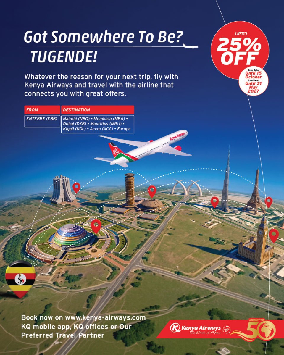 DailyMonitor's tweet photo. ADVERT: Pack your bags, we mean, book first.
Save up to 25% on @KenyaAirways flights. Sale ends 15 October 2026, and you can travel until 31 May 2027.
Click for more: https://t.co/LVmgywd2fX
#KenyaAirways
#TugendeKati
#FlyKQ #UpTo25Off https://t.co/AFwVzB2JpP