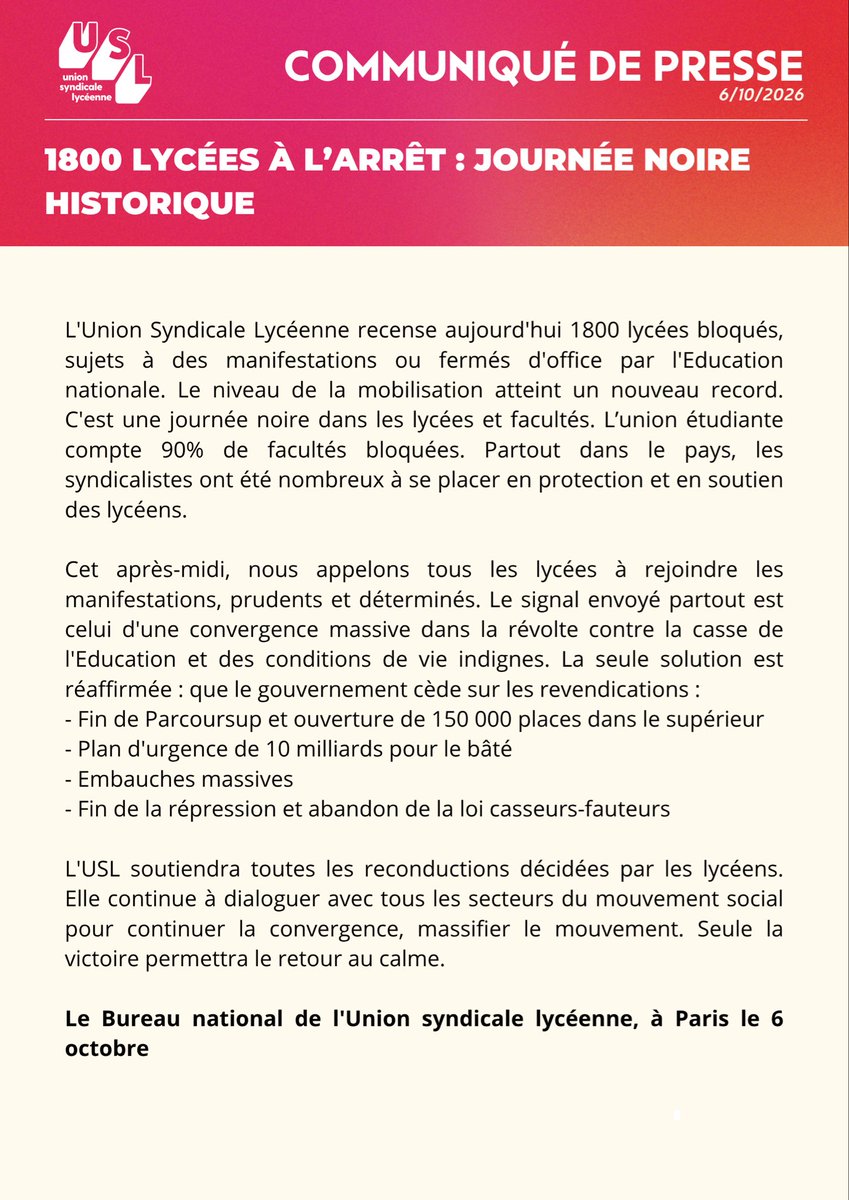 USLSyndicat's tweet photo. 1800 lycées a l’arrêt : l'acte III est une journée noire historique

L’USL recense aujourd'hui 1800 lycées bloqués, sujets à des manifestations ou fermés d'office par l'Education nationale. Le niveau de la mobilisation atteint un nouveau record.

Notre communiqué : https://t.co/Jb1WLu4rtk