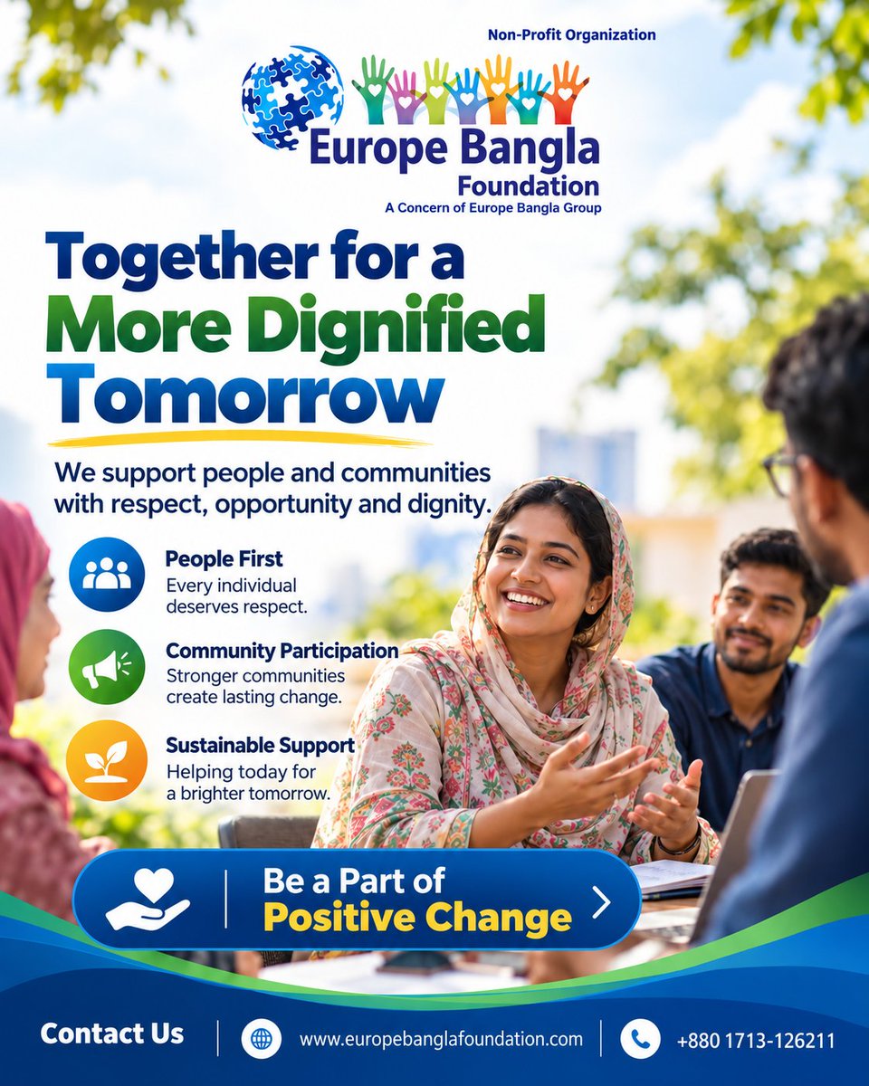 EuropeBangla's tweet photo. Europe Bangla Foundation believes in putting people first, encouraging community participation and supporting responsible, sustainable change.
🌐 https://t.co/snQi12B9Uv
#EuropeBanglaFoundation #HumanDignity #SocialImpact #CommunityDevelopment #PositiveChange https://t.co/lod5SAzZwQ