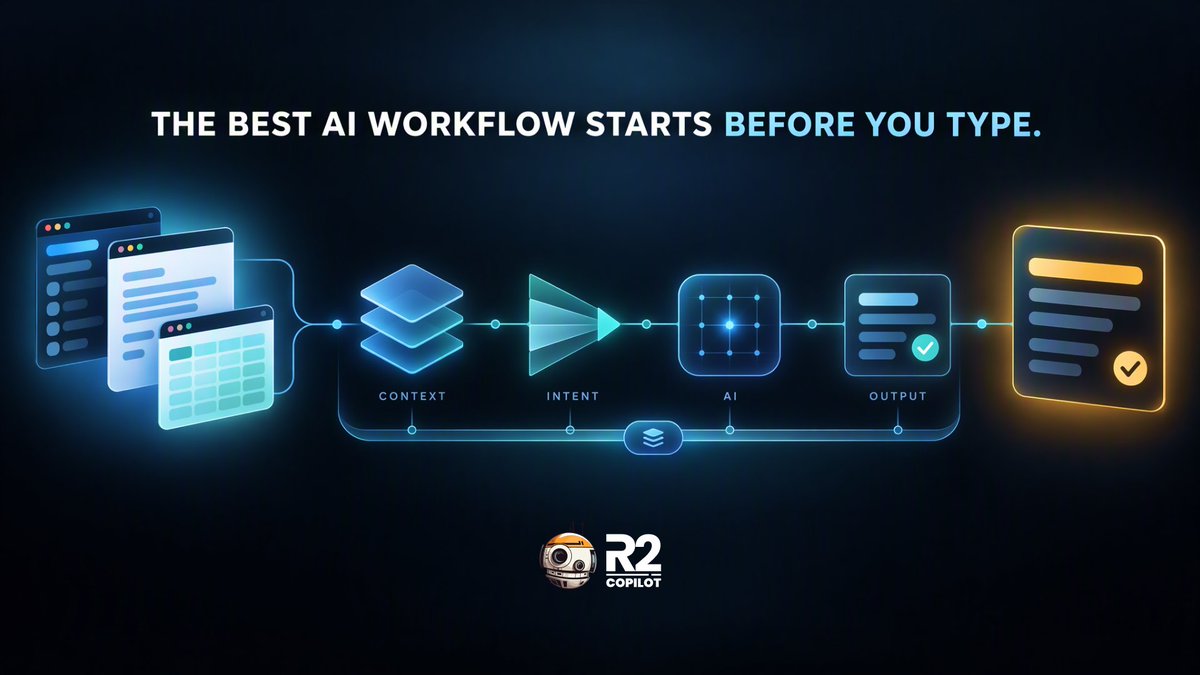 R2Copilot's tweet photo. The best AI workflow starts before you type

Context → Intent → AI → Output

A good result isn’t just about the prompt.

R2 Copilot works inside your real workflow, where the context already exists.

👉 https://t.co/h8ZV4YYHQI https://t.co/mq1825IHlB