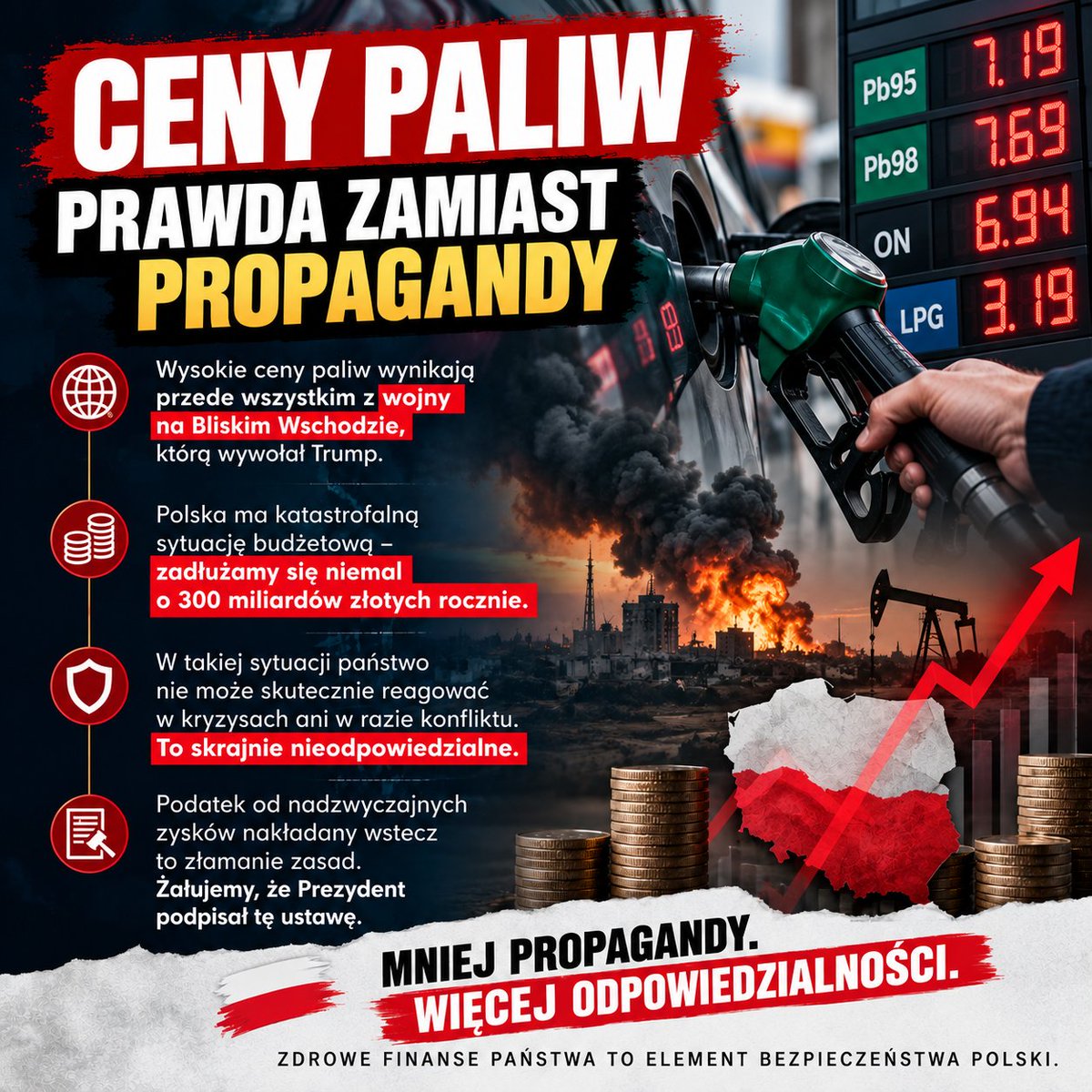 JoachimWal's tweet photo. Paliwo po 7–8 zł? Nie będziemy udawać, że to wyłącznie wina Tuska czy Prezydenta. Wojna na Bliskim Wschodzie uderza w ceny, a Polska wchodzi w kryzys z fatalnym stanem finansów.

Dość propagandy! Czas ciąć wydatki, zatrzymać zadłużanie i odbudować bezpieczeństwo Polski! 🇵🇱 https://t.co/qEUX8XvquM