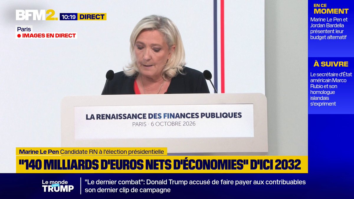 Marine Le Pen speaks at a BFM2 live broadcast from Paris on October 6, 2026, presenting the RN's counter-budget titled "La Renaissance des Finances Publiques," with on-screen text highlighting her promise of "140 milliards d'euros nets d'économies d'ici 2032." The chyron aligns with the accompanying post's coverage of Le Pen's warning that France faces default without a political break.