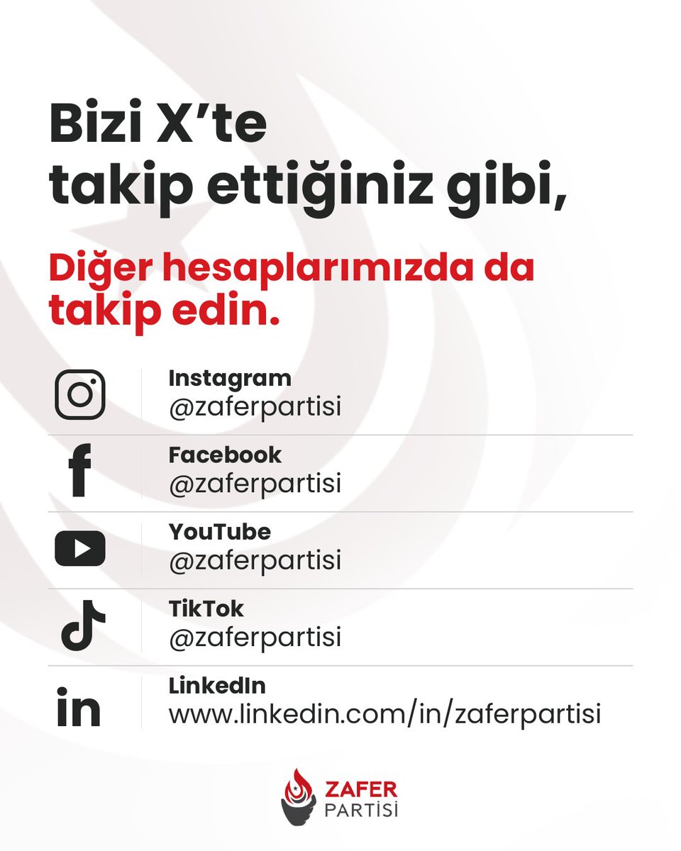 zaferpartisi's tweet photo. Bizi X’te takip ettiğiniz gibi diğer sosyal medya hesaplarımızda da takip edin! 

Instagram: https://t.co/qPV5GBOHBP

Facebook: https://t.co/lu91fGN84L

YouTube: https://t.co/QmTgfCNJRD

TikTok: https://t.co/fauDfRqYxM

LinkedIn: https://t.co/GVg84cvL5N https://t.co/5tU0h6S2pi
