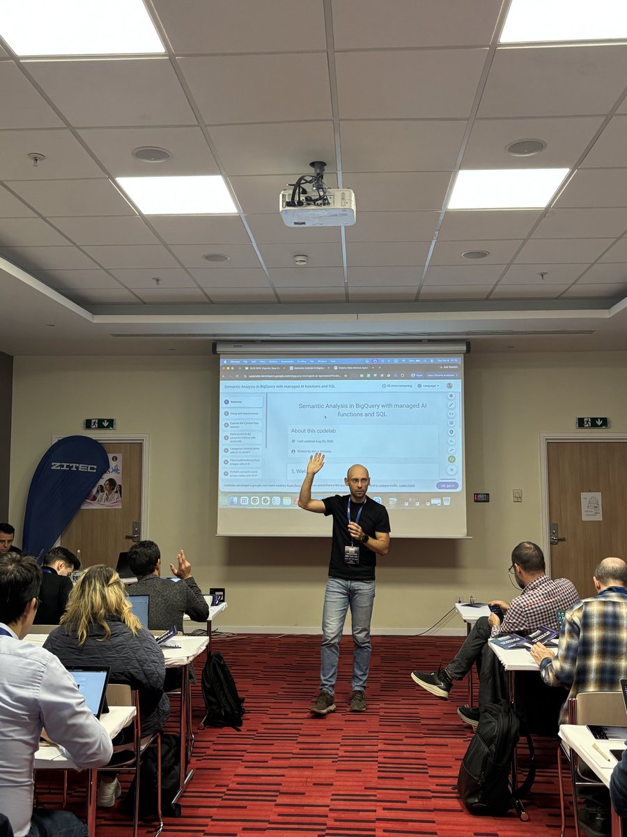 bigdataweek's tweet photo. 🟦 BigQuery is doing more than running queries in this room. Dorian Hodorogea and Cosmin Pintoiu from @Google are walking participants through managed AI functions, then deploying an agent to do some of the heavy lifting. 

Powered by @Zitec 

#bigdataweek #bdw2026 #bdwbucharest https://t.co/Nc0g7GprsW