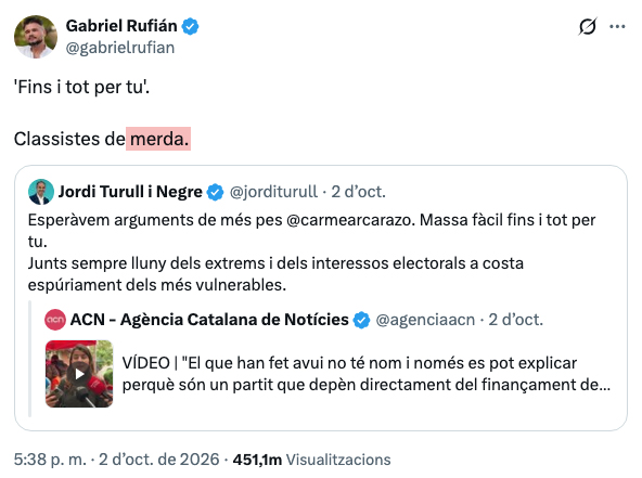 ElCojodeLepanto's tweet photo. Quan un polític amb bona oratòria com @gabrielrufian comença a escopir renecs, és que està desorientat, enrabiat, i veu que és a punt de fer el ridícul més gran des que se'n va anar a Madrid. Que tinguis molta merda, Rufianet, la necessitaràs. https://t.co/oXv1OjHnW8