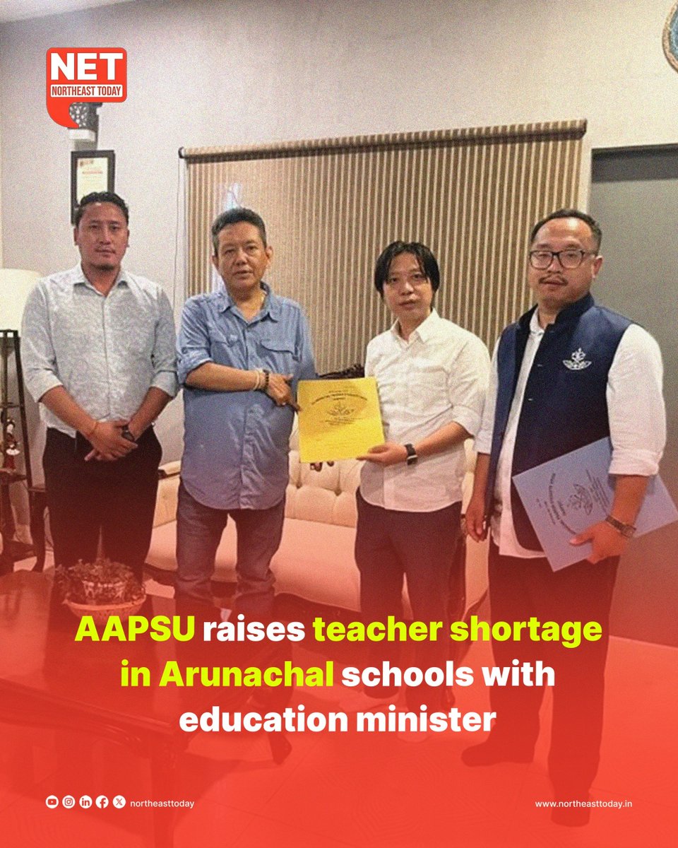 NortheastToday's tweet photo. #ArunachalPradesh | AAPSU has raised concerns over the persistent shortage of teachers in schools across Arunachal Pradesh, particularly in remote areas, during a meeting with Education Minister Pasang Dorjee Sona on Tuesday.
Read more..
https://t.co/EjcBv0src0
#AAPSU #TeacherShortage #PasangDorjeeSona #ArunachalEducation #EducationCrisis #NortheastToday