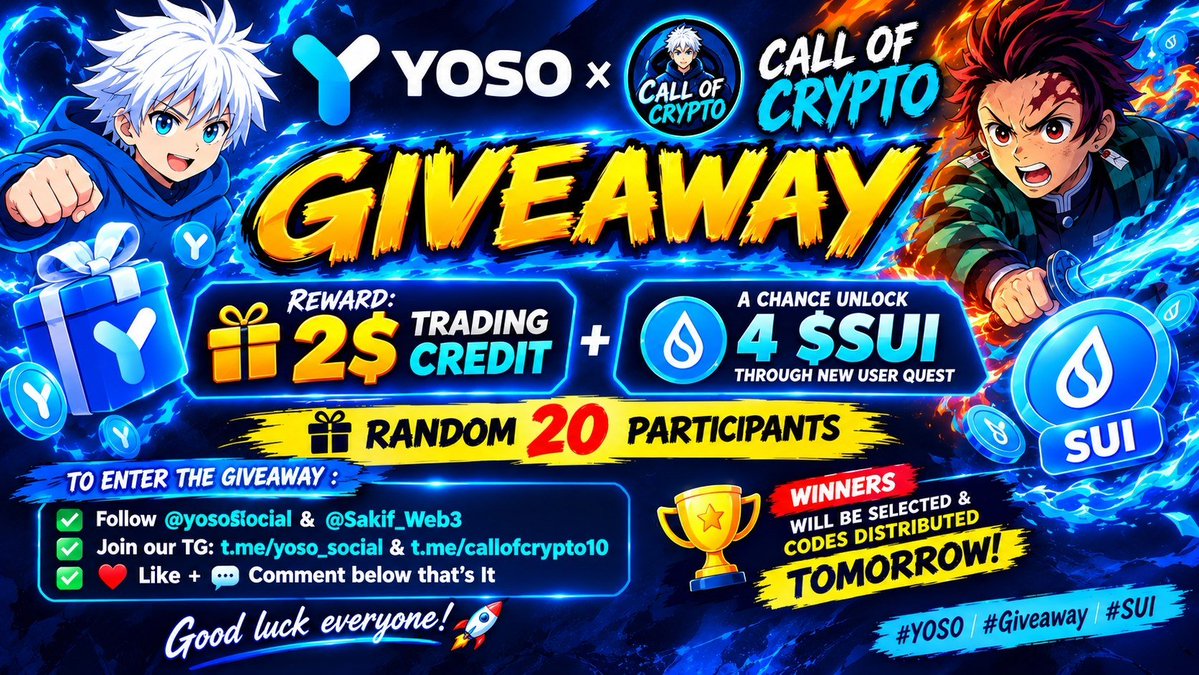 Sakif_Web3's tweet photo. 🎉YOSO x CALL OF CRYPTO🔥
🎁Reword : 2$ trading credit &amp; a chance to unlock 4 $SUI through new user quest
💵Random 20 participants

📌To enter the giveway :
✅Follow @yososocial &amp; @Sakif_Web3
✅Join our TG: https://t.co/9E5iYFnL4A &amp; https://t.co/XoqGdQ5EgP
✅ ❤️ Like +💬 Comment https://t.co/j50k4LBczR