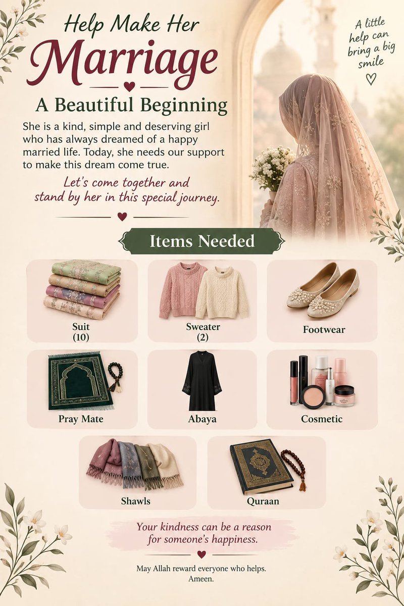 BlessingKa37y's tweet photo. A little help can bring a big smile" 🤍
Help us support 2 deserving brides for their special day!
Items Needed:
• 20 Suits | 4 Sweaters | 4 Footwear
• 2 Abayas | 2 Shawls | Cosmetics
• 2 Prayer Mats | 2 Qur'ans
DM to contribute! 🙏✨ https://t.co/WNvnyV6J5i