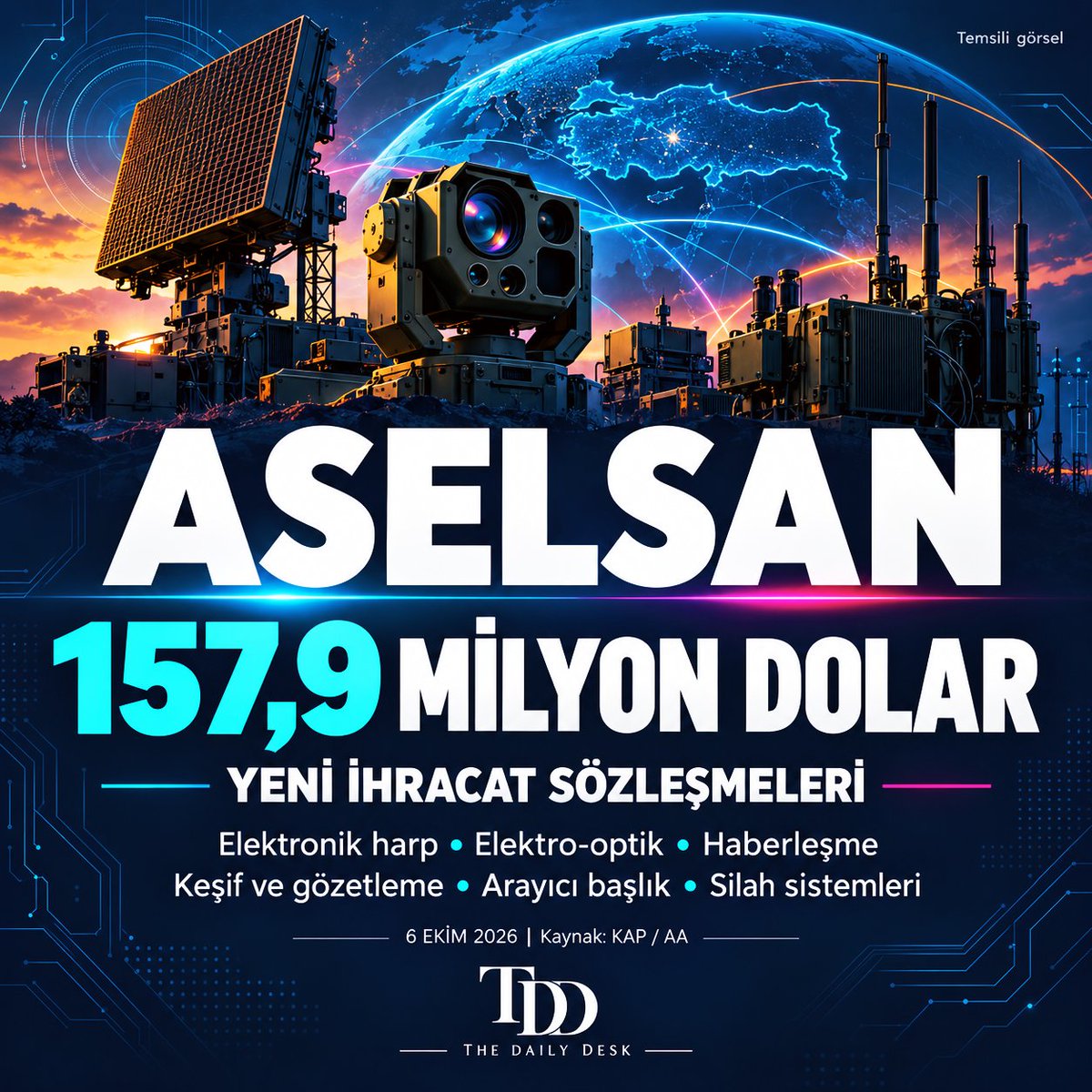 TheDailyD3sk's tweet photo. 🇹🇷 ASELSAN, yurt dışındaki müşterileriyle toplam 157,9 milyon dolarlık yeni ihracat sözleşmeleri imzaladı.

Sözleşmeler; elektronik harp, elektro-optik, haberleşme, keşif-gözetleme ve silah sistemlerini kapsıyor.

#ASELSAN #SavunmaSanayii #Ekonomi https://t.co/tNVwI9soRg