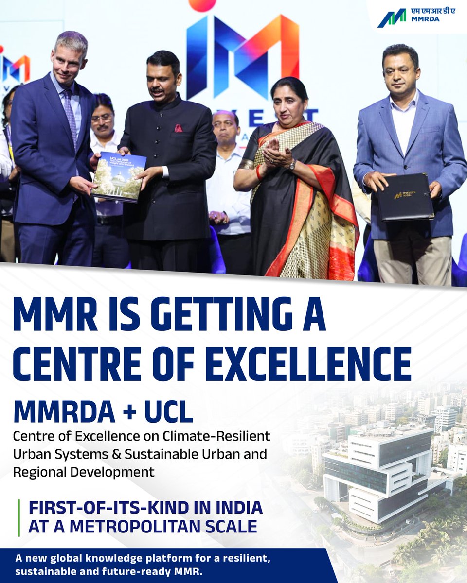 MMRDAOfficial's tweet photo. MMR is set to get a first-of-its-kind Centre of Excellence for climate-resilient urban development.
MMRDA and University College London (UCL) are coming together for the establishment of the proposed Centre of Excellence on Climate-Resilient Urban Systems and Sustainable Urban and Regional Development, a long-term platform for research, innovation, capacity building and knowledge exchange for the Mumbai Metropolitan Region.
Here’s what this partnership will bring to the MMR. 🧵
(1/8)