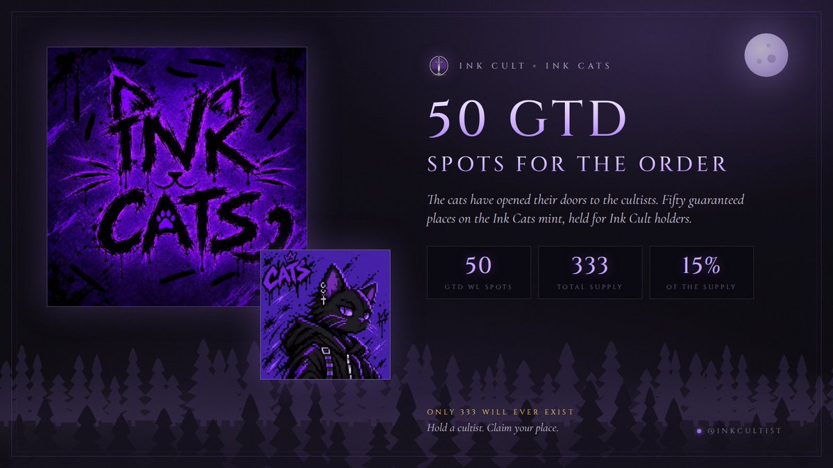 InkCultist's tweet photo. Ink Cult is a force to be reckoned with. 💪 50 GTD spots for @InkCatsnftg secured!

Follow @InkCatsnftg and retweet this! 💜

🥇 Top 40 holders are guaranteed a spot (random snapshot 📸). 

🐈 Want 1 of the remaining 10? Drop your Cultist below and tell us why you love cats! 👇 https://t.co/jHy6BYbRD9