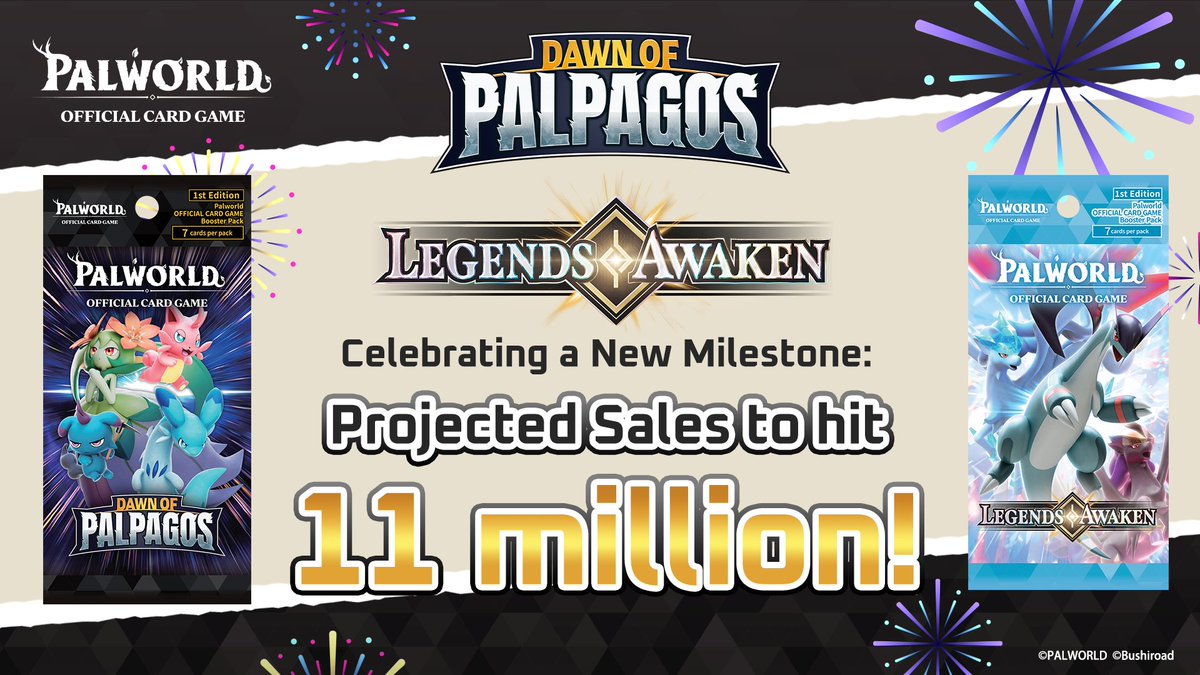 PalworldOCG_EN's tweet photo. Palworld OFFICIAL CARD GAME is expected to surpass 11 million packs worldwide across Booster Pack "Dawn of Palpagos" and Booster Pack "Legends Awaken" by early November! 🎉

Read the full press release here: https://t.co/4WJuQ0NnTn

#Palworldcardgame #TCG https://t.co/Yuf2xuIZU6