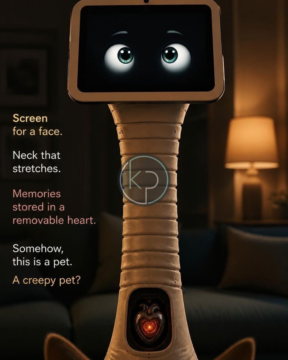 forty4audio's tweet photo. A pet robot with a tablet face and a furry neck that stretches two feet. It develops a Myers-Briggs personality, costs $2,000, and looks like ET on a penguin. Creepy! https://t.co/Hryp5oo5qf https://t.co/ixOV0Dja7T