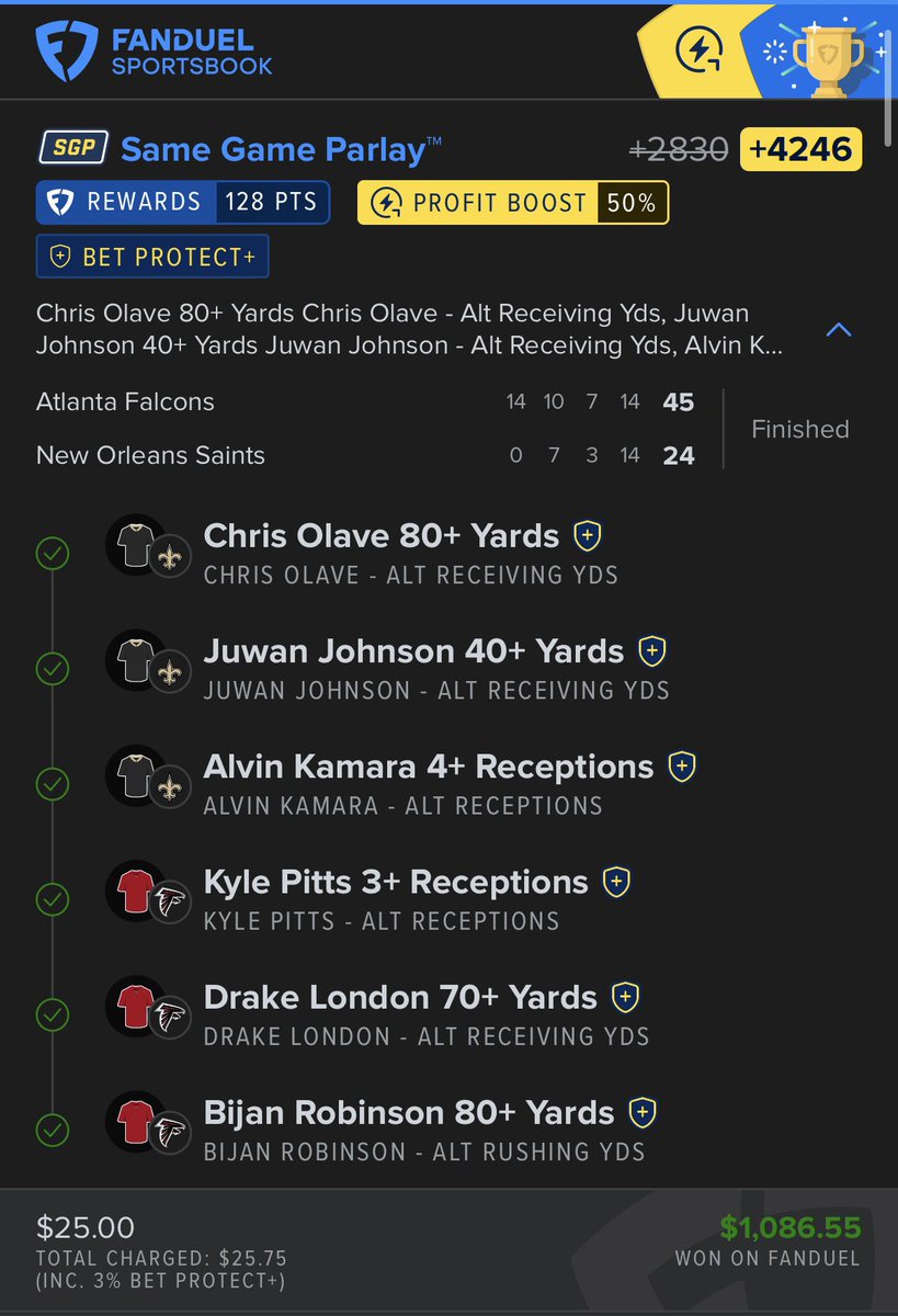 Betblueprint1's tweet photo. Cash out again! Mnf sgp slip goes home ✅🏈📈 been on a hot streak with nfl this weekend let’s keep it rolling!! #ABL #MNF #nfl #Gambling𝕏 https://t.co/uXVDRA70DG