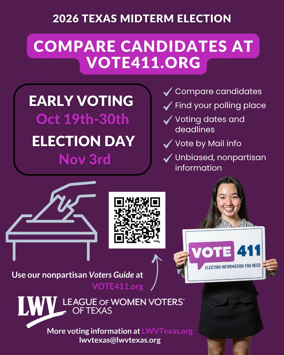 LWVTexas's tweet photo. #VOTE411 is live!!! Do you ever feel like you don't know enough about what's on your ballot to make informed decisions? Check out our nonpartisan Voters Guide at https://t.co/hvgrOfX24i to compare candidates, find your polling place, and more! #NoMoreExcuses #TexasSizedTurnout https://t.co/QchoMa1kGs