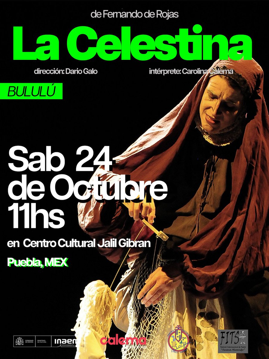ccemx's tweet photo. 🎭 La Embajada de España en México, a través de su Consejería Cultural y Científica, te invita a conocer 𝐋𝐚 𝐂𝐞𝐥𝐞𝐬𝐭𝐢𝐧𝐚 𝐁𝐮𝐥𝐮𝐥𝐮́, una versión unipersonal del clásico de Fernando de Rojas que lleva más de 17 años recorriendo escenarios internacionales.

Carolina Calema se convierte en Celestina, Calisto, Melibea y el resto de los personajes de la obra en un espectáculo que combina actuación, máscaras, títeres, clown, bufón y elementos de la Commedia dell’Arte.

🇲🇽 La propuesta llegará a Monterrey, Ciudad de México y Atlixco, Puebla, con cinco funciones durante octubre.

17 y 18 de octubre | 18:00 h | Monterrey
22 y 29 de octubre | 20:30 h | Ciudad de México
24 de octubre | 11:00 h | Atlixco, Puebla

Más información por WhatsApp 55 5566 0102

@CarolinaCalema @EmbEspMex