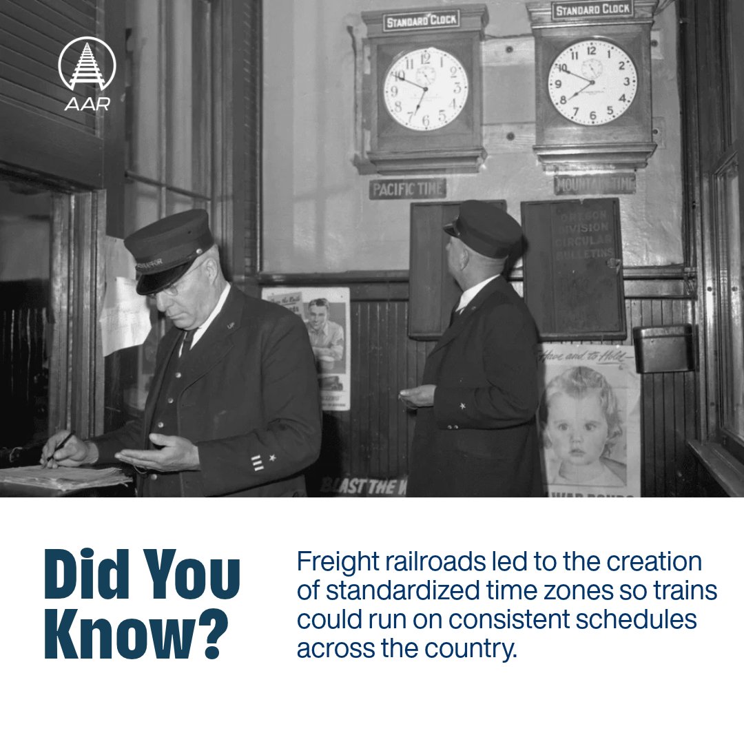 AAR_FreightRail's tweet photo. You probably didn't know: 

Before 1883, many towns kept their own local time. As railroads expanded, scheduling trains across dozens of different clocks became a challenge. 

Railroads solved it by introducing standardized time zones, helping to create the system we use today. https://t.co/RI73n7zYXf