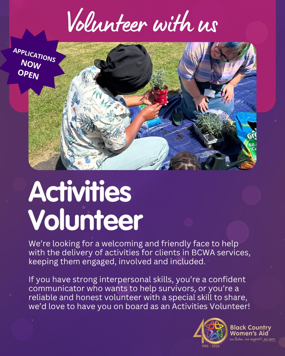 BCWomensAid's tweet photo. 🌟 Volunteer with Us: Activities Volunteer 🌟 

Support survivors by leading arts, coffee mornings, and group activities. 

💜 Receive training, travel expenses, wellbeing support, and a reference. 

📩 Apply now: https://t.co/gMSoTkuo6v 

#Volunteer https://t.co/6iTmktNLe5