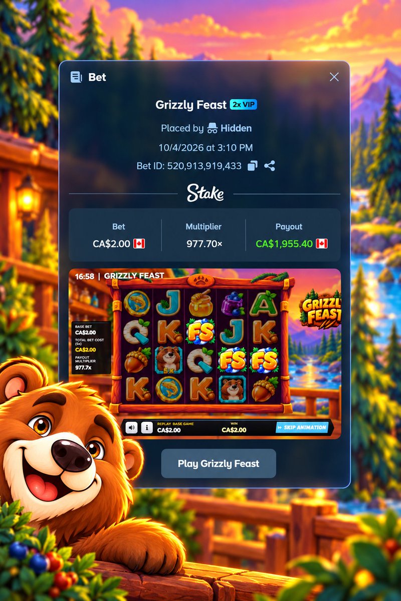 RiferLabs's tweet photo. Who’s been feasting in the forest? 🐻👀
CA$2 → CA$1,955.40 with a 977.70x hit! 🍯🔥

Grizzly Feast, only on @Stake 🌲 https://t.co/UD2bFOCIEJ