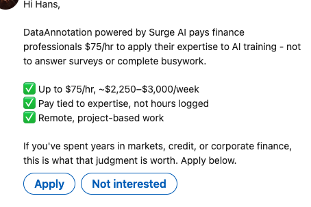 HansStege's tweet photo. Wasn't the rate ~$150/hr for this type of "train your replacement AI" work? Is @HelloSurgeAI underpaying or is the gig training market softening? Or am I just flagged as a mid candidate...? https://t.co/KnKmsJUGtD