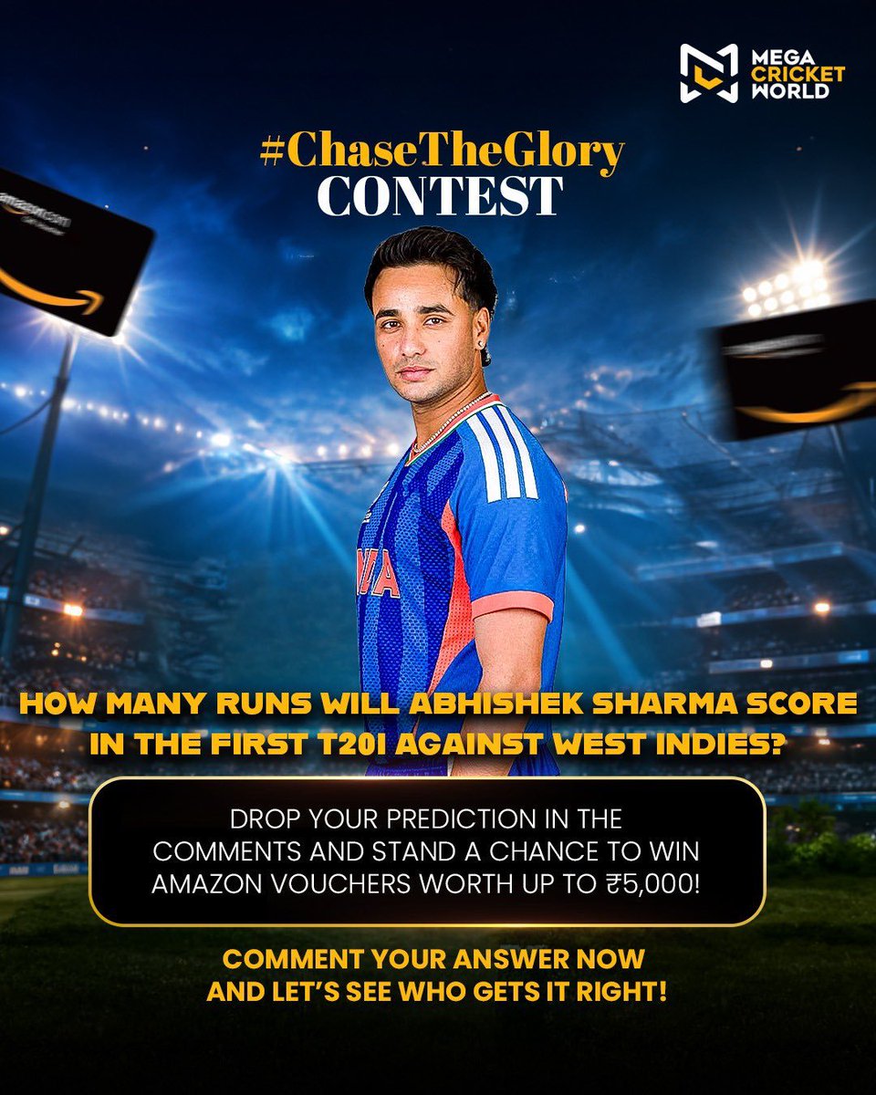 Sktipper's tweet photo. 🎁 WIN AMAZON VOUCHERS WORTH ₹1,000!

Take your best guess at Abhishek Sharma’s score in the 1st T20I against the Windies.

All you have to do:
💬 Comment your answer
👥 Tag 3 friends &amp; Repost
➕ Follow @Sktipper (must)

#Contest #AbhishekSharma #INDvsWI #T20I  #Gambling𝕏 https://t.co/nCMNM7uNek