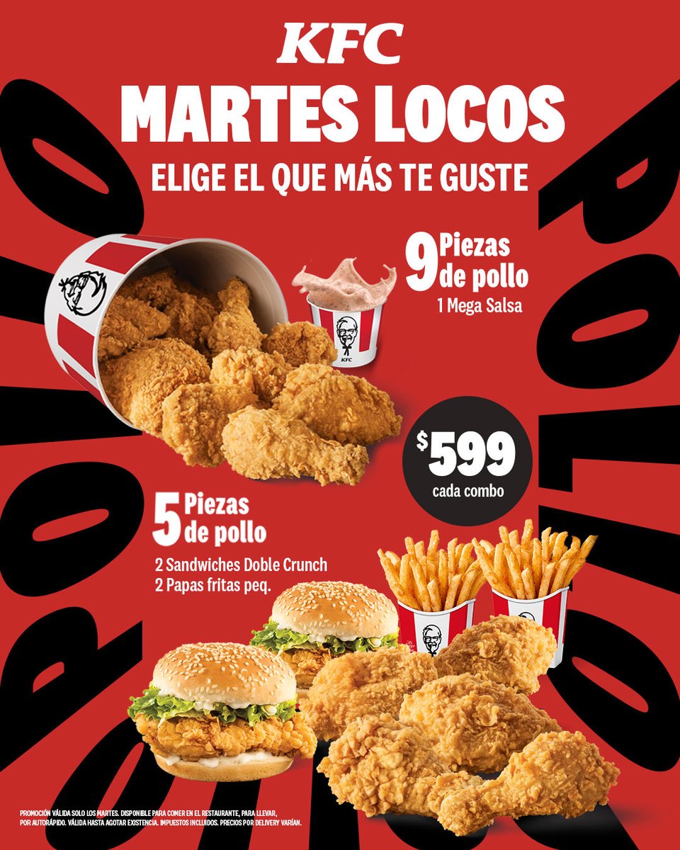 KFCRepDom's tweet photo. Nuevo en Martes Locos 🔥
5 piezas de pollo + 2 Sándwiches Doble Crunch + 2 Papas fritas peq. por RD$599. El combo que lo trae todo 🍗🍔🍟
¿O eres team 9 piezas + Mega Salsa? Cuéntanos 👇

-Válido solo los martes. 
-Hasta agotar existencia. 
-Impuestos incluidos. 
-Precios por delivery varían.

#MartesLocos #KFCRD